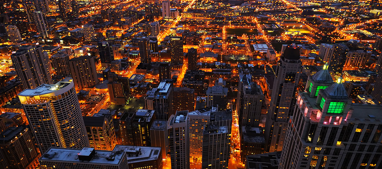 This is a stock photo. A city overview of Chicago, Illinois at night.