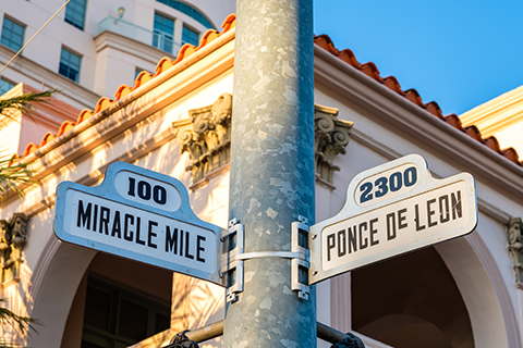 This is a stock photo. An up close image of a famous street sign in Coral Gables, Florida.