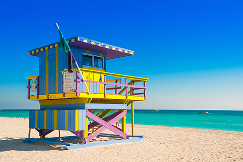 This is a stock photo. A lifeguard tower on Miami Beach in Miami, Florida.